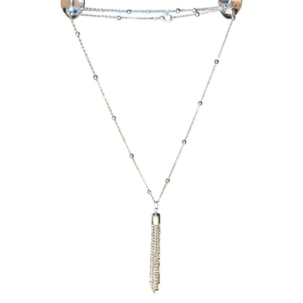 Silver Long Necklace Tassel Chain Pendant and Chain with Silver Beads 28 inches